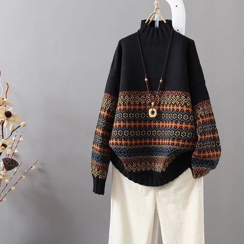 Women's Stylish Oversized Knit Sweater - Soft Comfortable Pullover With High Neck, Loose Fit Casual Tops For Autumn Winter (Black, Navy Blue)