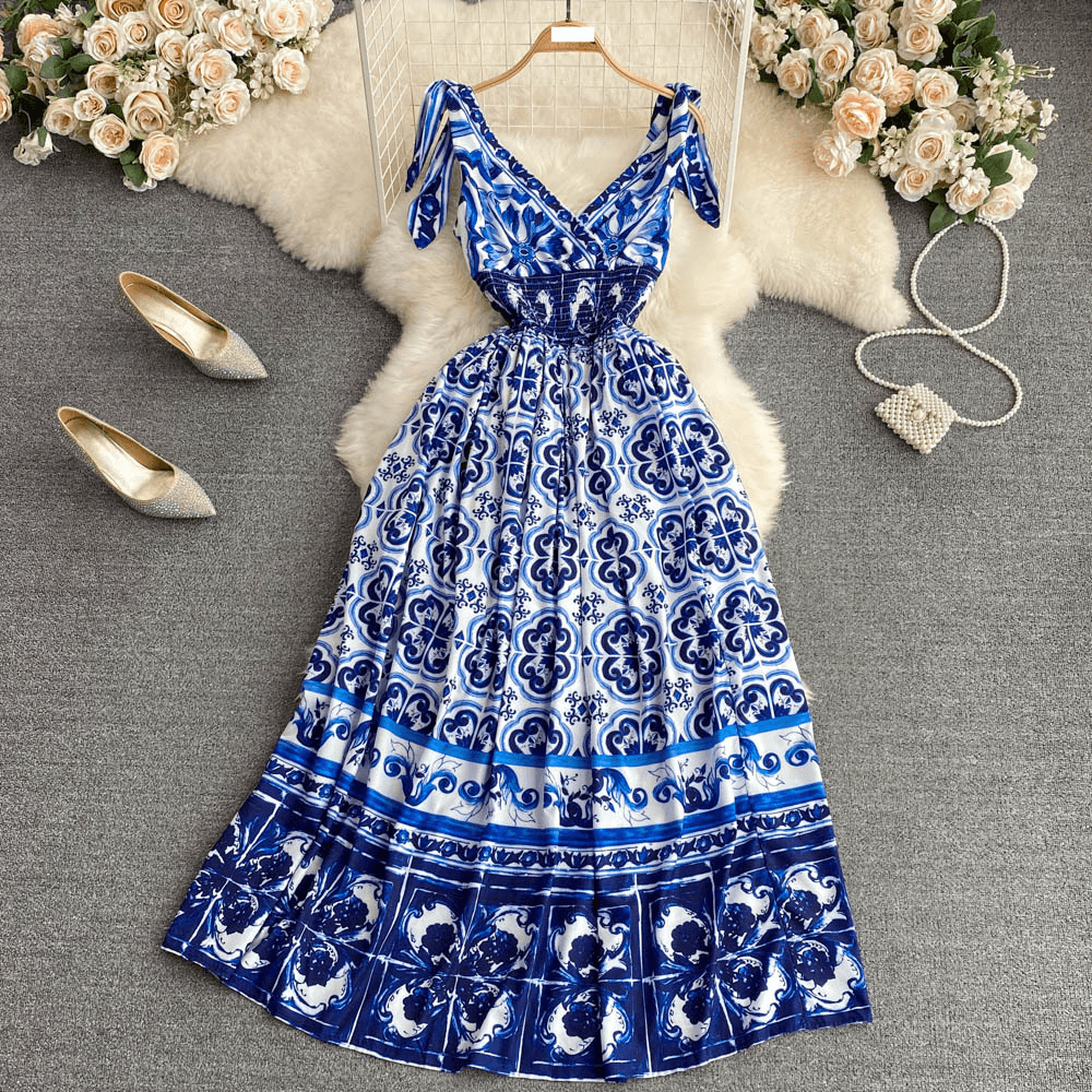 Women's Light and luxurious retro palace style V-neck celadon print waist slimming A-line dress elegant suspender long skirt