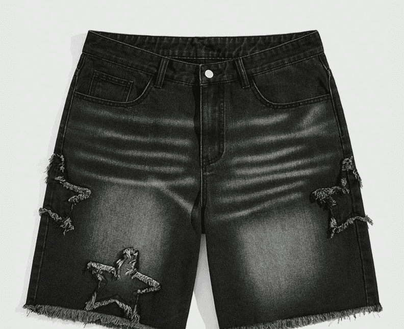 Men's Clothing Denim Shorts Cat Whiskers Versatile Denim Shorts Retro Five Pointed Star Patchwork Casual Pants