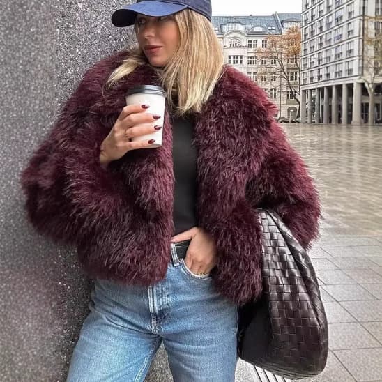Women's Clothing Faux Fur Jacket Winter Fashion Short Coat Burgundy Red Eco-Friendly 3D Pattern Streetwear XS/S/M/L