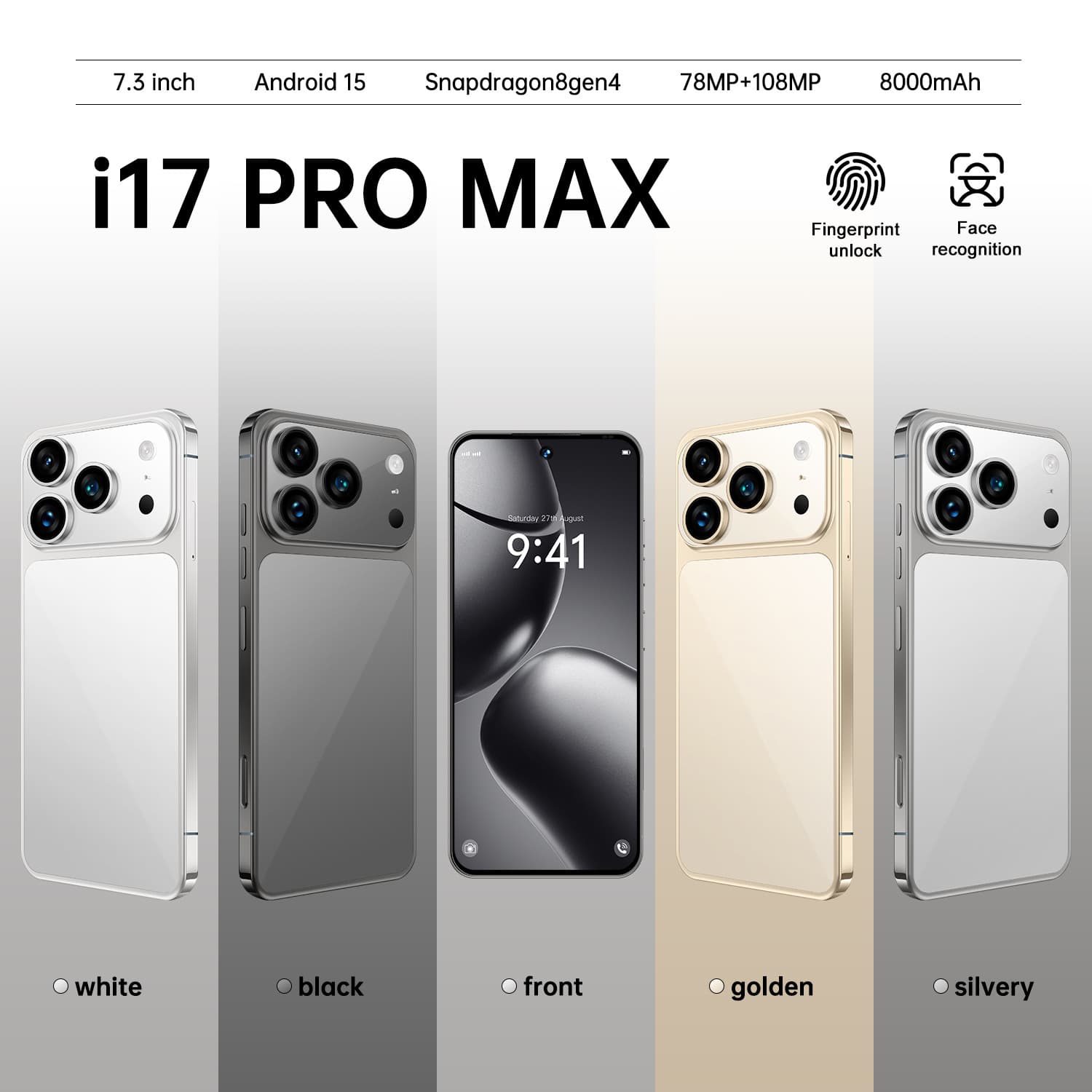 I17 Pro Max Wireless Charging 5G Android Smartphone Network Unlocked 7.3 FULL HD 72+108MP Dual Camera Facial Recognition