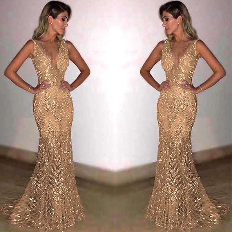 Women's evening dress sleeveless V-neck dress sprinkled with gold perspective dress