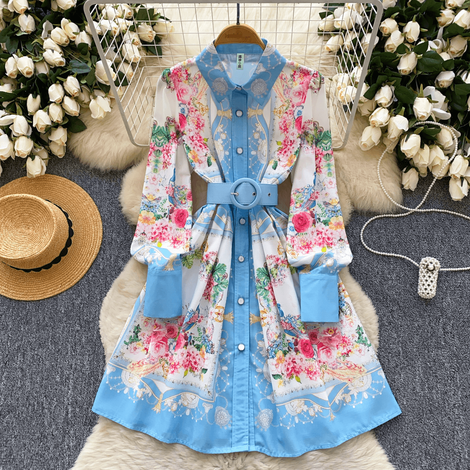 Women's Clothing Retro Lapel Long Sleeve Single Breasted Waist Slim Print A Line Shirt Dress