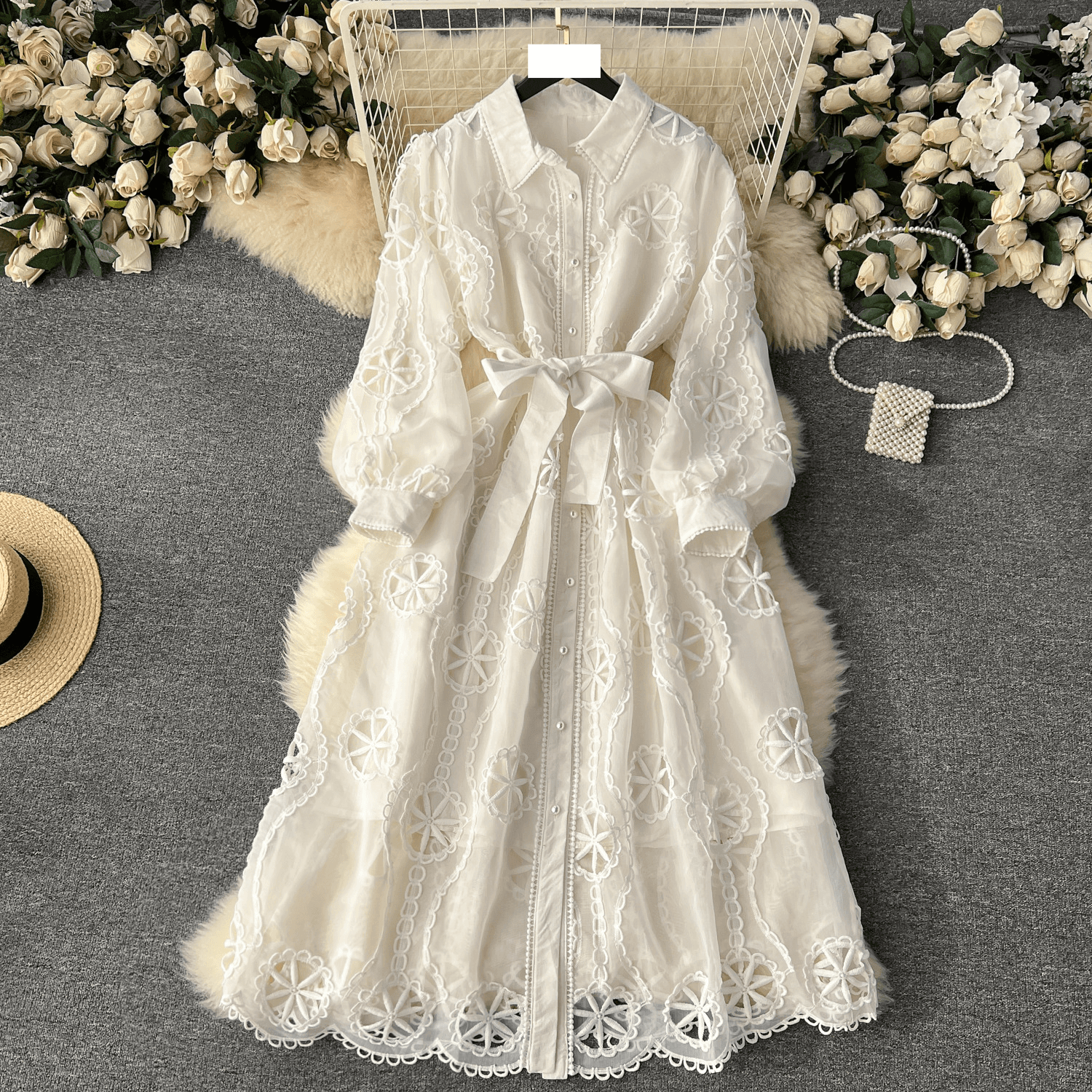Women's fashion hollow flower breasted slim-fit mid-length version puffy sleeve dress