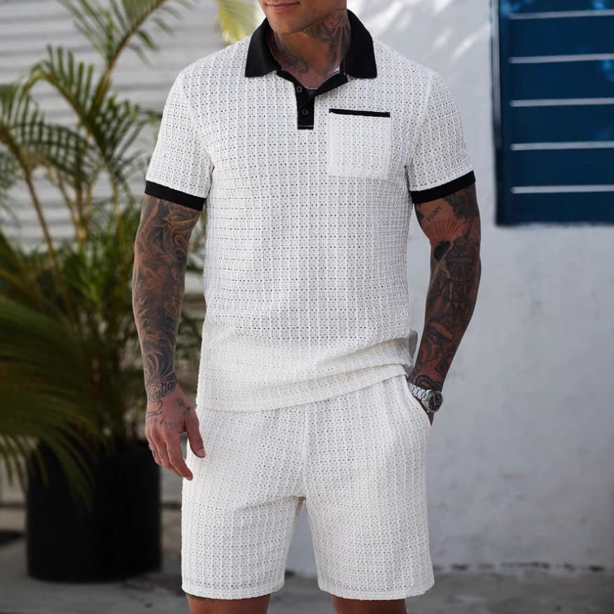 Men's Hollow Color Matching Short Sleeved Shorts Casual Sports Suit