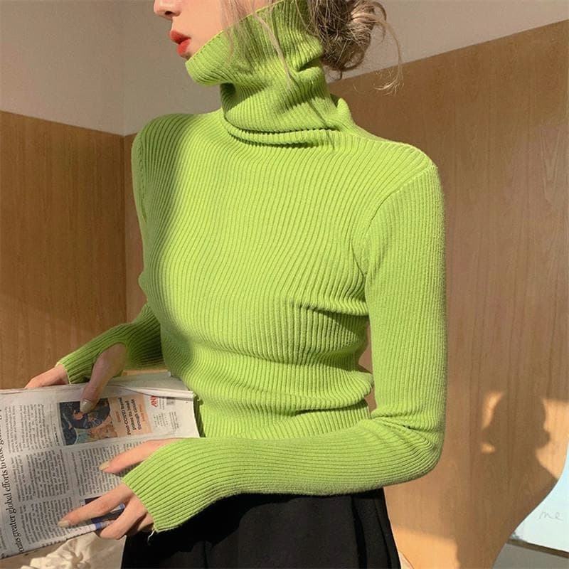 Women’s High Neck Knit Sweater Slim Fit Long Sleeve Pullover For Fall/Winter In Trendy Colors