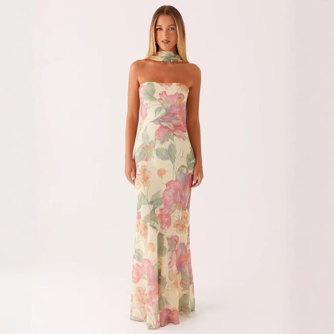 Luxury Satin Cocktail Backless Tube Dress - Digital Floral Print Strapless Evening Gown
