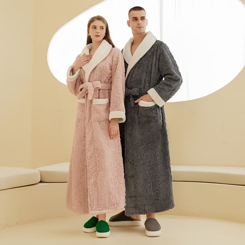 Underwear & Sleepwears Luxury Double-Layer Flannel Robe For Men & Women - Winter Warm Plush Bathrobe With Elegant Jacquard Design, Couples Matching