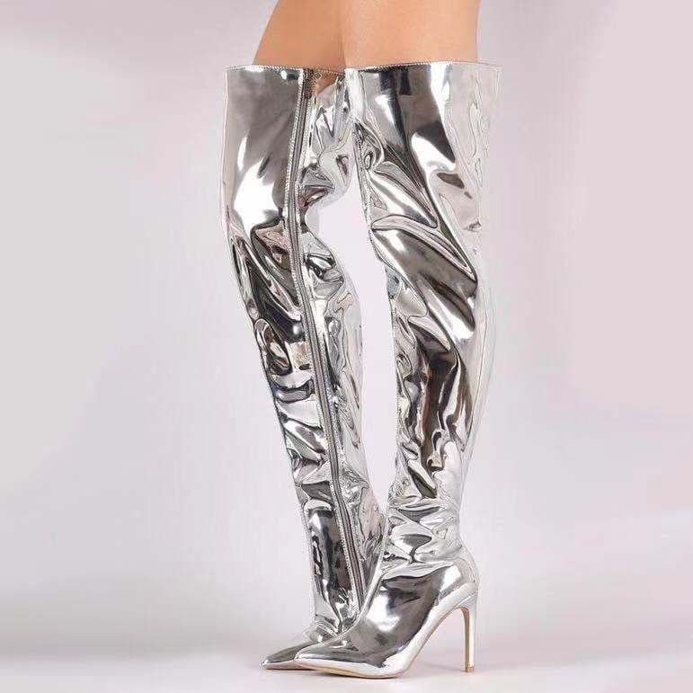 Bottes élégantes au-dessus du genou en cuir verni brillant à bout pointu pour femme - Talon aiguille, fermeture éclair latérale, coupe confortable