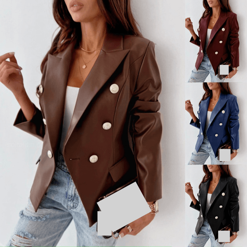 Women's Clothing autumn and winter new style long sleeved double breasted fashionable PU leather suit small jacket