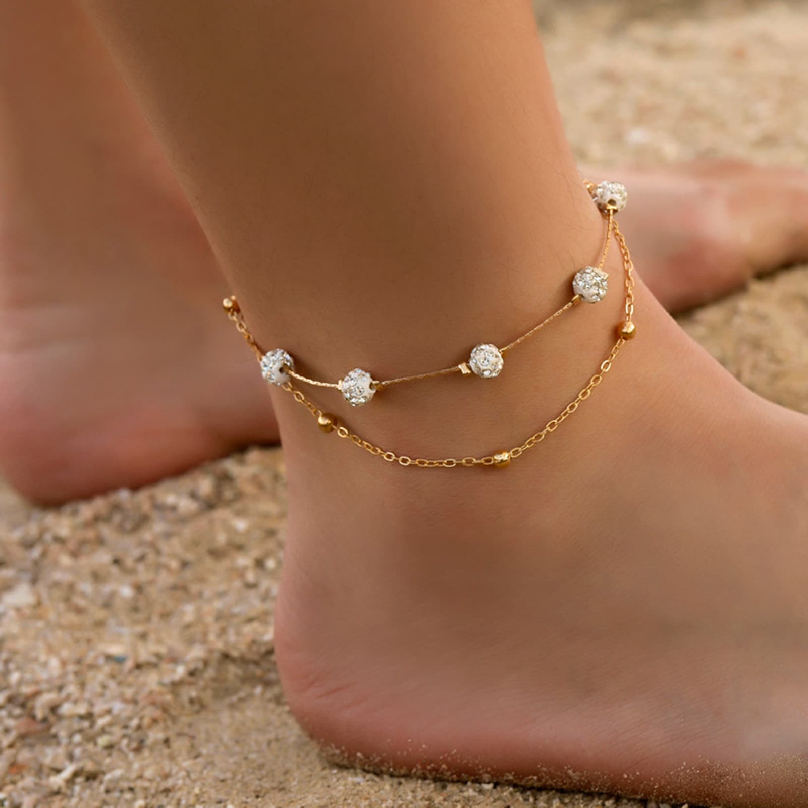 Shuosbai Rhinestone Balls Double Layered Women Anklet Alloy Beads Adjustable Chain Anklet Foot Accessories