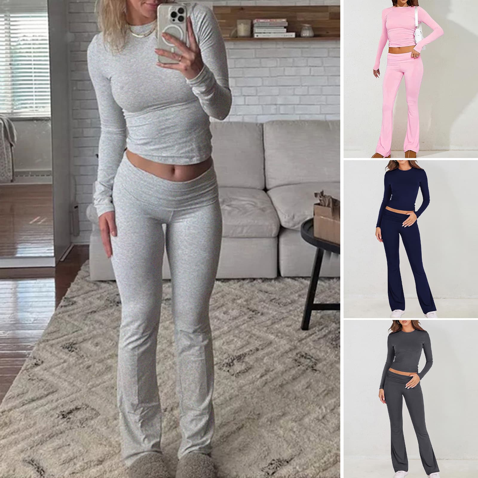 Women's Clothing Leisure Solid Color Slim Long Sleeved Knitted Pants Suit