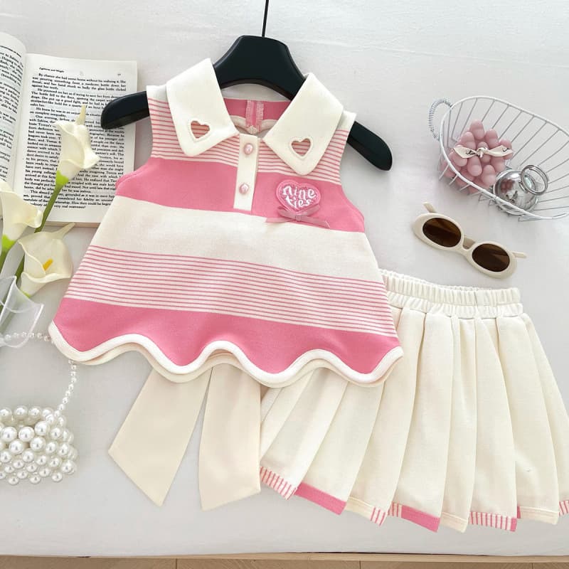 Korean Style Girls Skirt Set Summer Sweet Stylish Backless Bow Pleated Skirt Two Piece Refreshing Clothing For Toddlers (3-7Y)