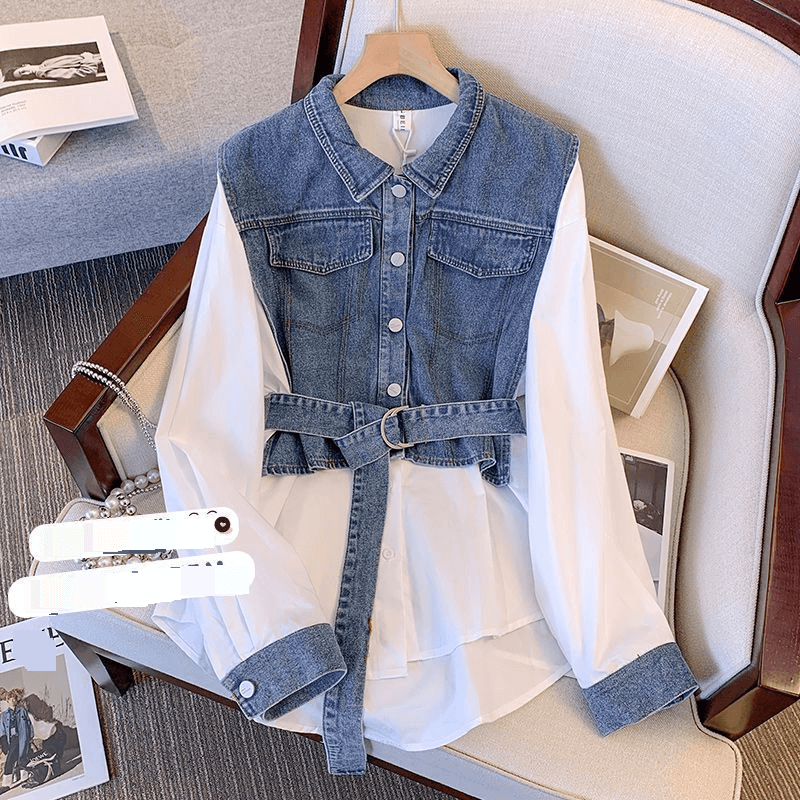 Women's Clothing Two Piece Shirt For Women New Loose Slim Waist Denim Long Sleeved Patchwork Shirt Top