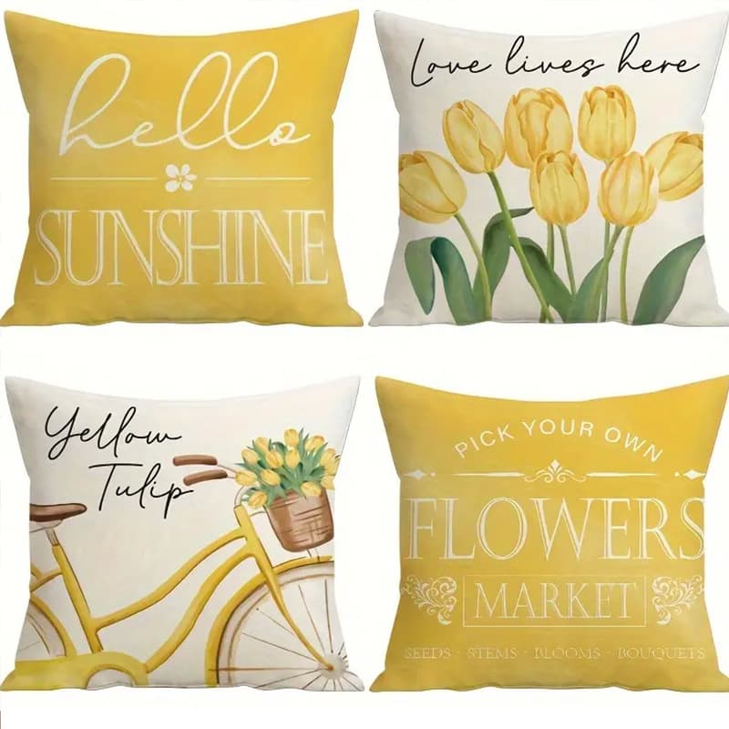 Cross-border Hot Selling Yellow Bicycle Tulip Pattern Pillow Case Living Room Bedroom Sofa Decorative Pillow Case