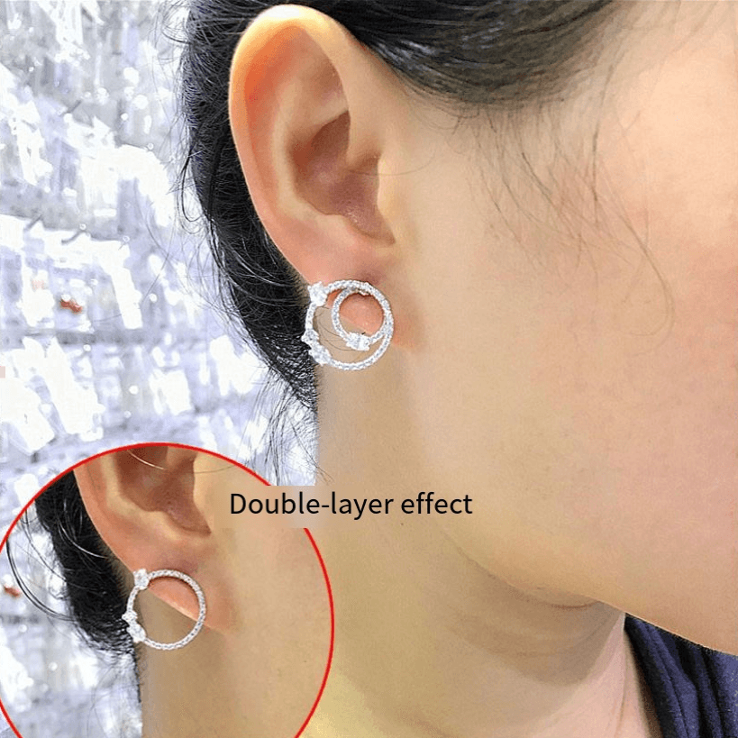 Boucles d'oreilles à tige géométriques à double cercle pour femmes, avec zircone cubique, en argent sterling S925, boucles d'oreilles à tige de personnalité, boucles d'oreilles à deux usages