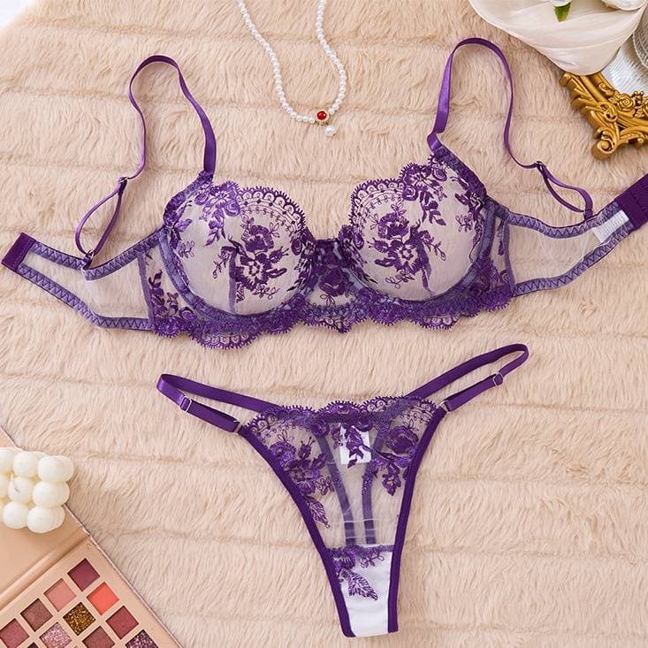 Women’s Clothing Flower Embroidery Hollow Mesh Sexy Comfortable Simple and Elegant Underwear Set