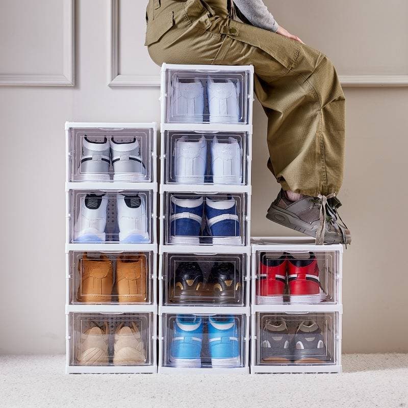 Family Organizer Foldable Shoe Storage Box Stackable No-Assembly Shoe Organizer Dustproof & Space-Saving Design