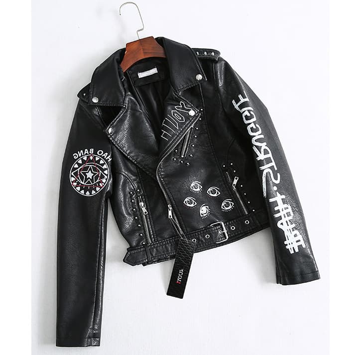 Leather jacket for women short pu leather fashion printed motorcycle jacket top black small leather jacket