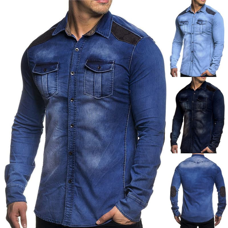 Men's Clothing denim shirt teenagers casual suede color-blocked washed denim long-sleeved slim shirt