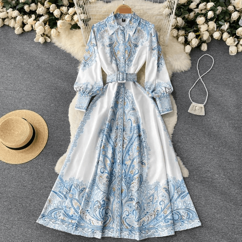 Women's Clothing Elegant French Waist Floral Print Dress With Retro Charm - A-Line Long Sleeve Neck Dress For Women (Black, Blue, Beige)