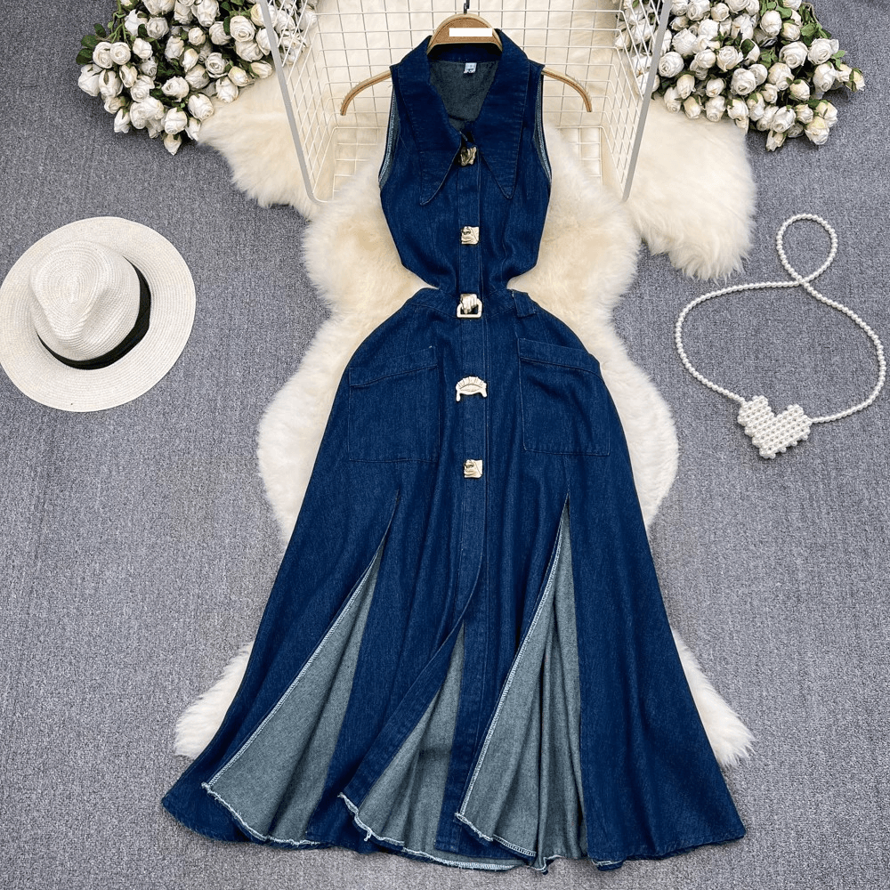 Women's Retro lapel hollow waist exposed waist slimming sleeveless single-breasted A-line slit denim dress casual long skirt