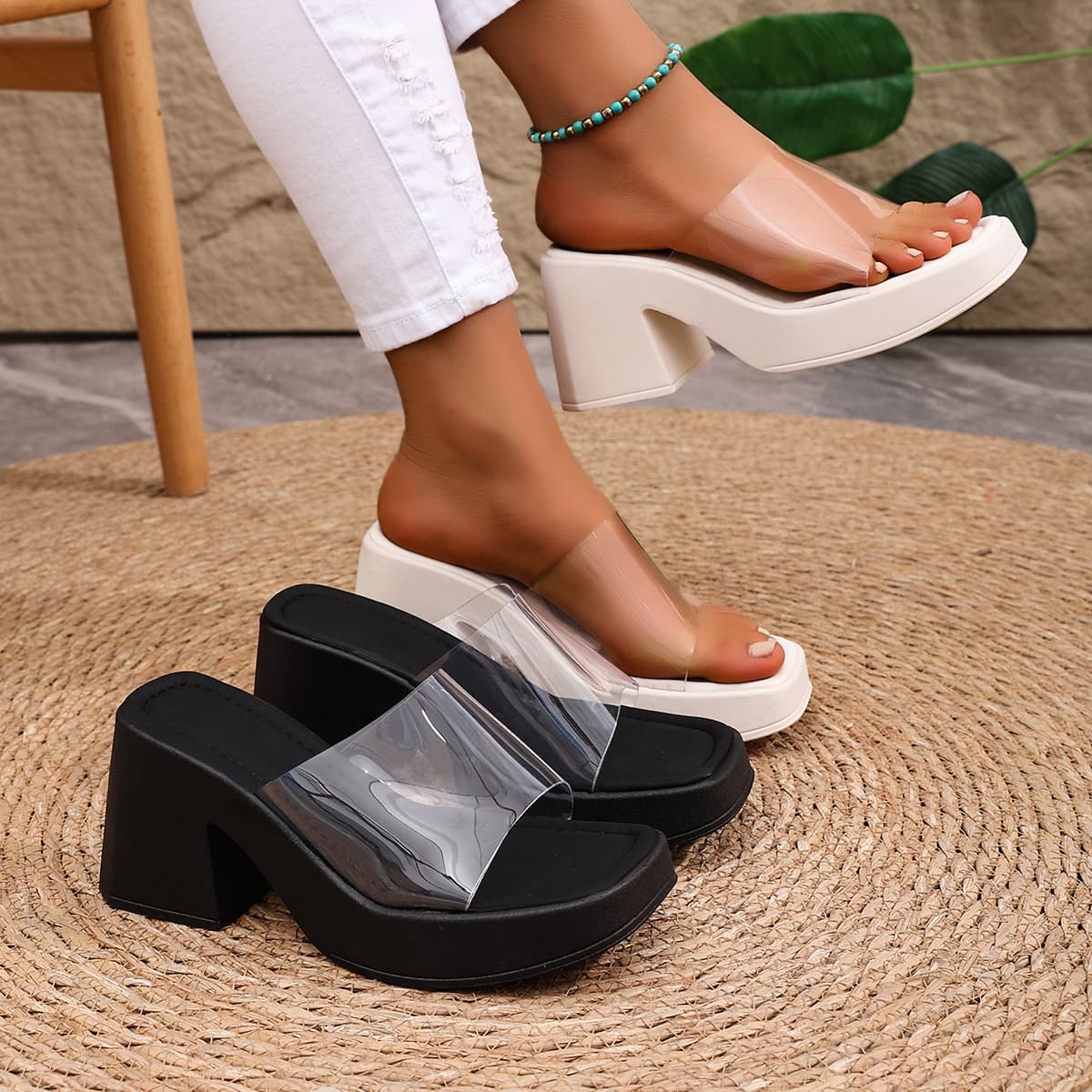 Plus Size Chunky Heel Slide Sandals With Transparent Straps For Casual Summer Wear Transparent One Strap Sandals, Casual Platform Chunky Heel Sandals.