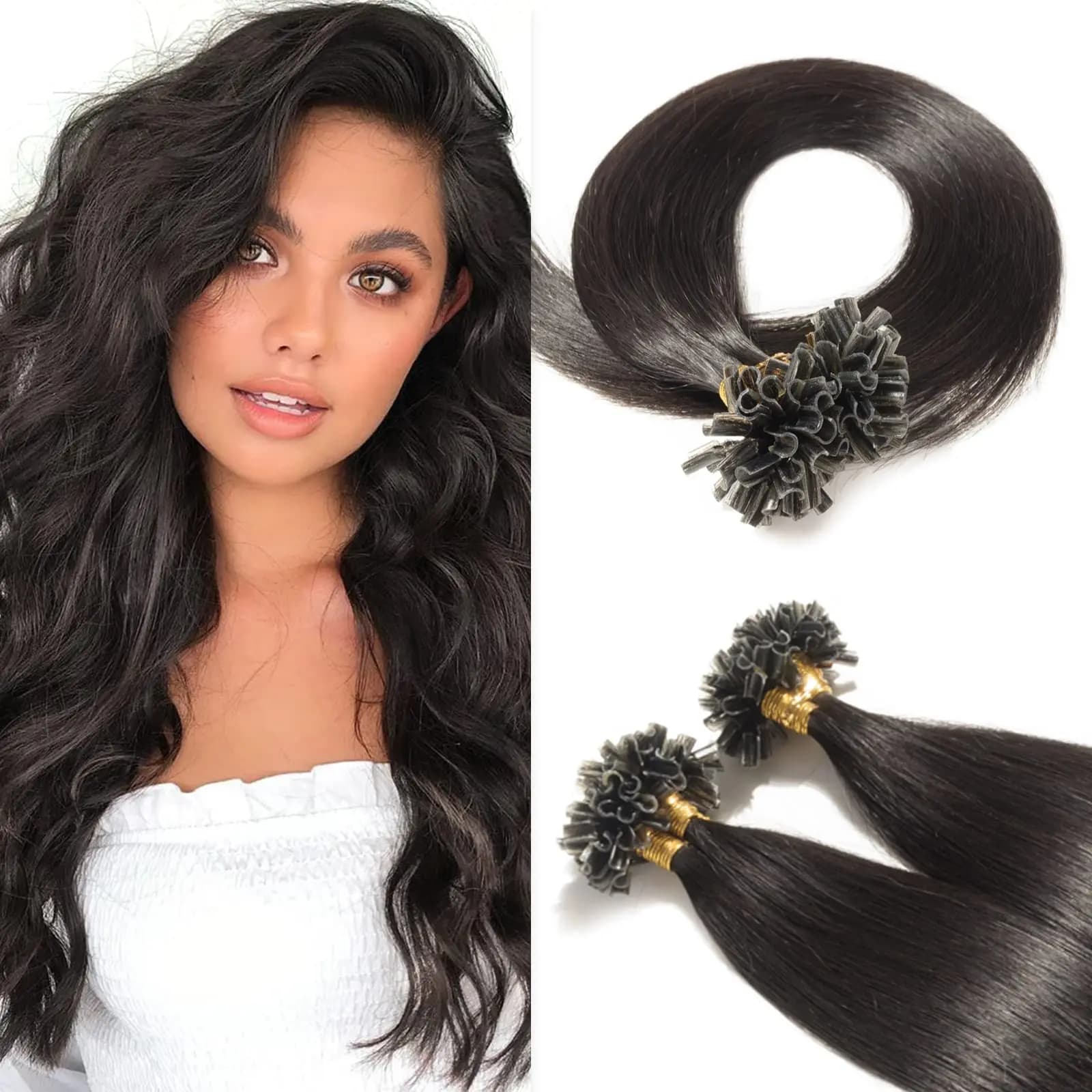 U Tip Pre Bonded Hair Extensions Straight Keratin Capsules Human Hair Natural Black 1g/s