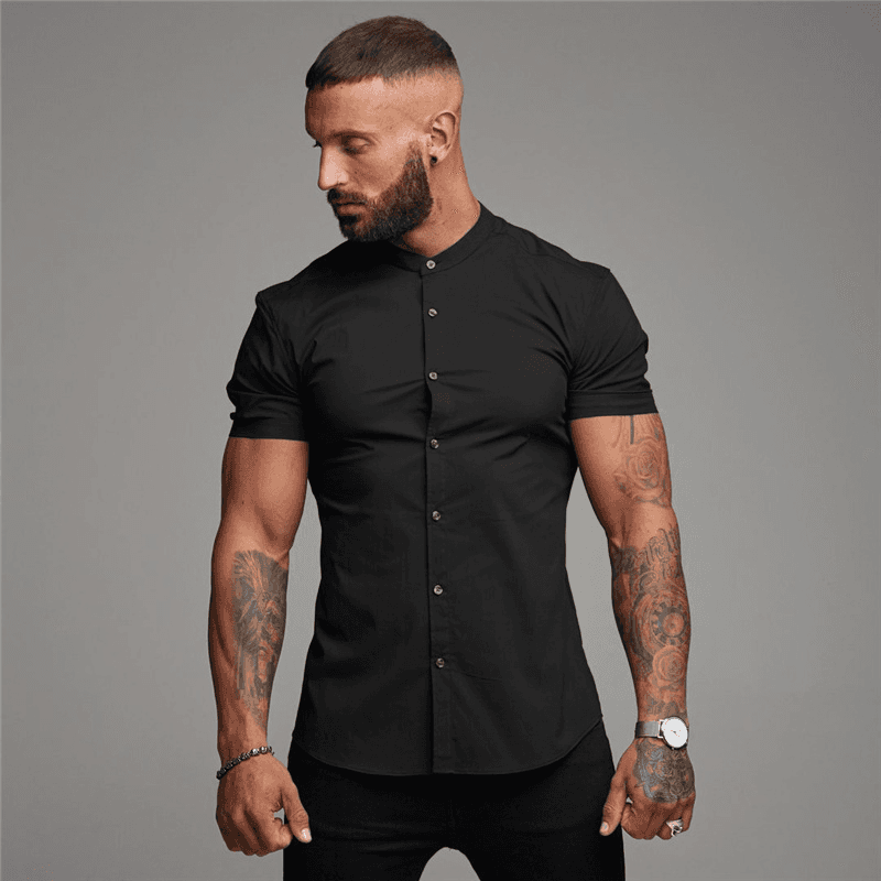 Men's fitness short sleeve shirt Men's sport solid color cardigan casual stand collar slim shirt