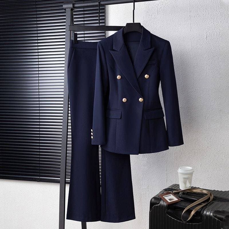 Slim-Fit Black Blazer & Pants Set For Petite Women - Spring Office Wear, Tailored Two-Piece Suit, Professional & Chic Outfit