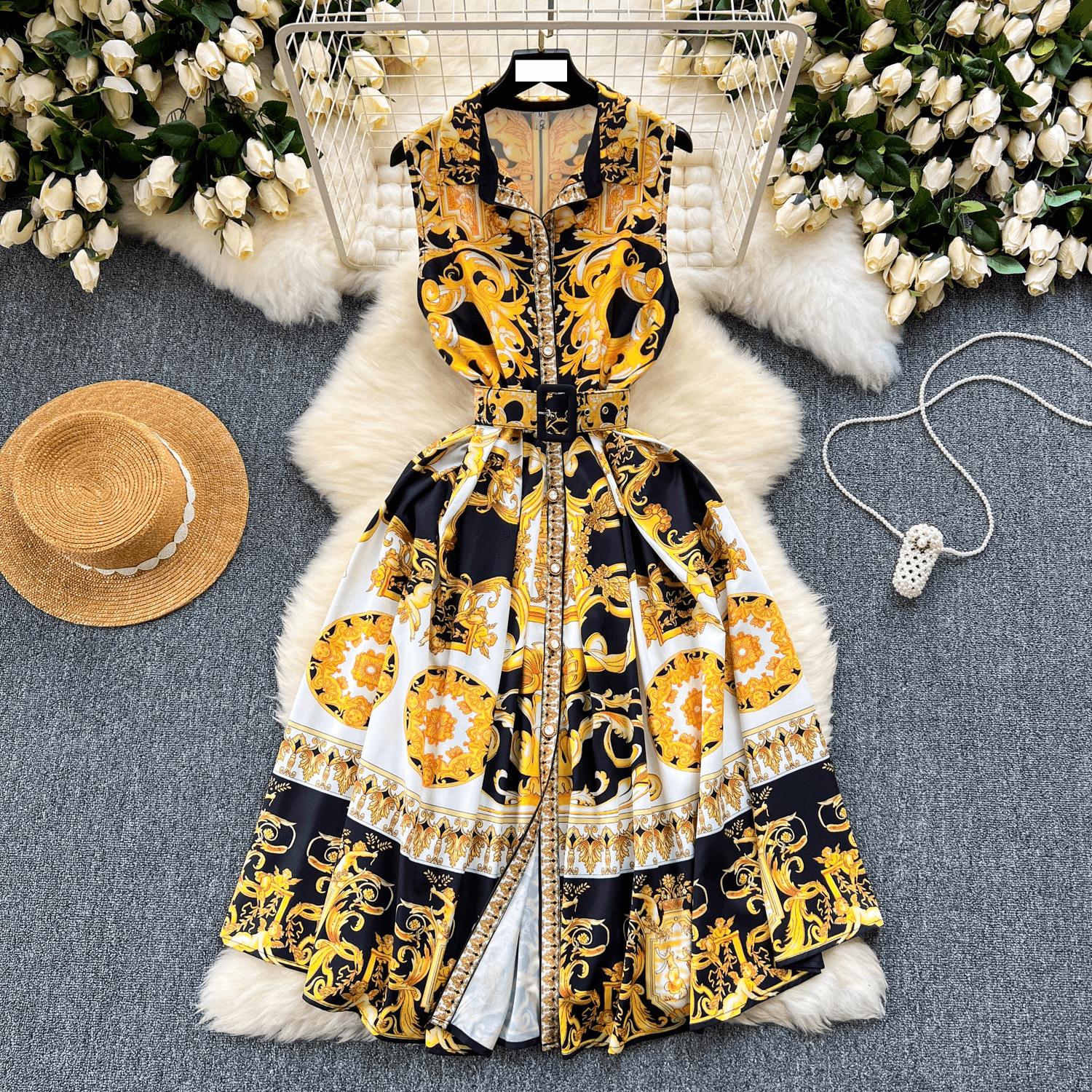 Women's clothing Retro palace style printed dress for women summer sleeveless waist slim design niche light luxury temperament long dress