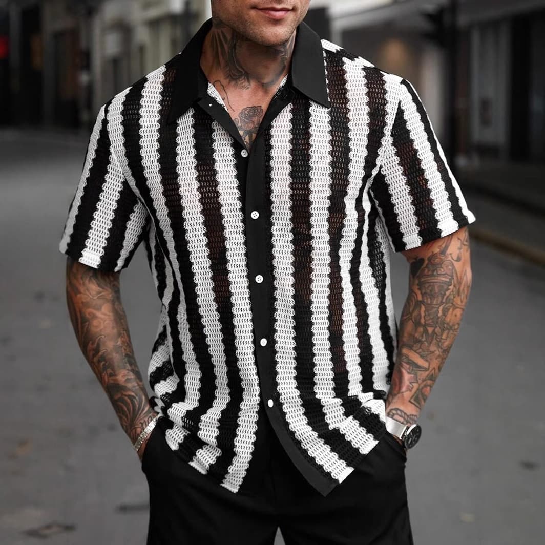 Men's Clothing Black And White Striped Hollow Short Sleeve Shirt Daily Casual Tops