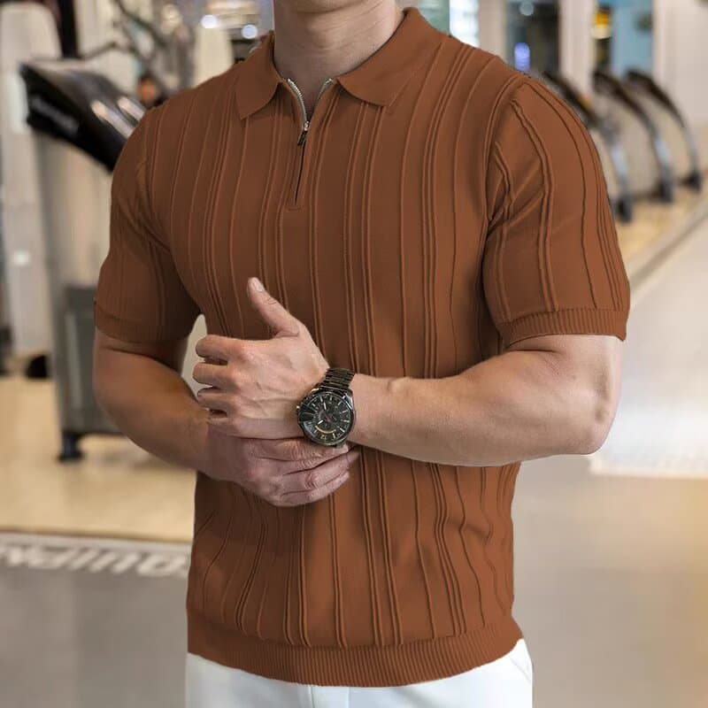 Summer Old Money Style Retro Knitted Half Zip Polo Shirt Short Sleeve Men's High End Sense Of Handsome Lapel T Shirt Texture