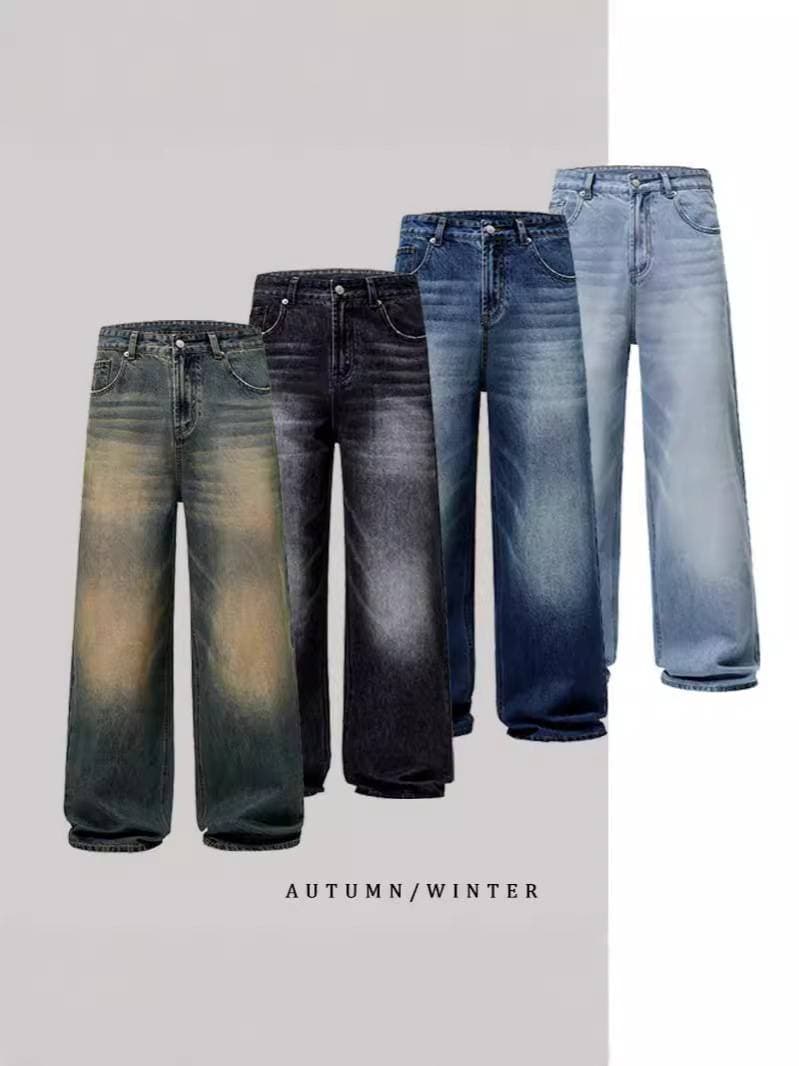 Men's Clothing Men's Relaxed Fit A-Line Jeans - Vintage Washed Wide-Leg Denim (Streetwear Essential)