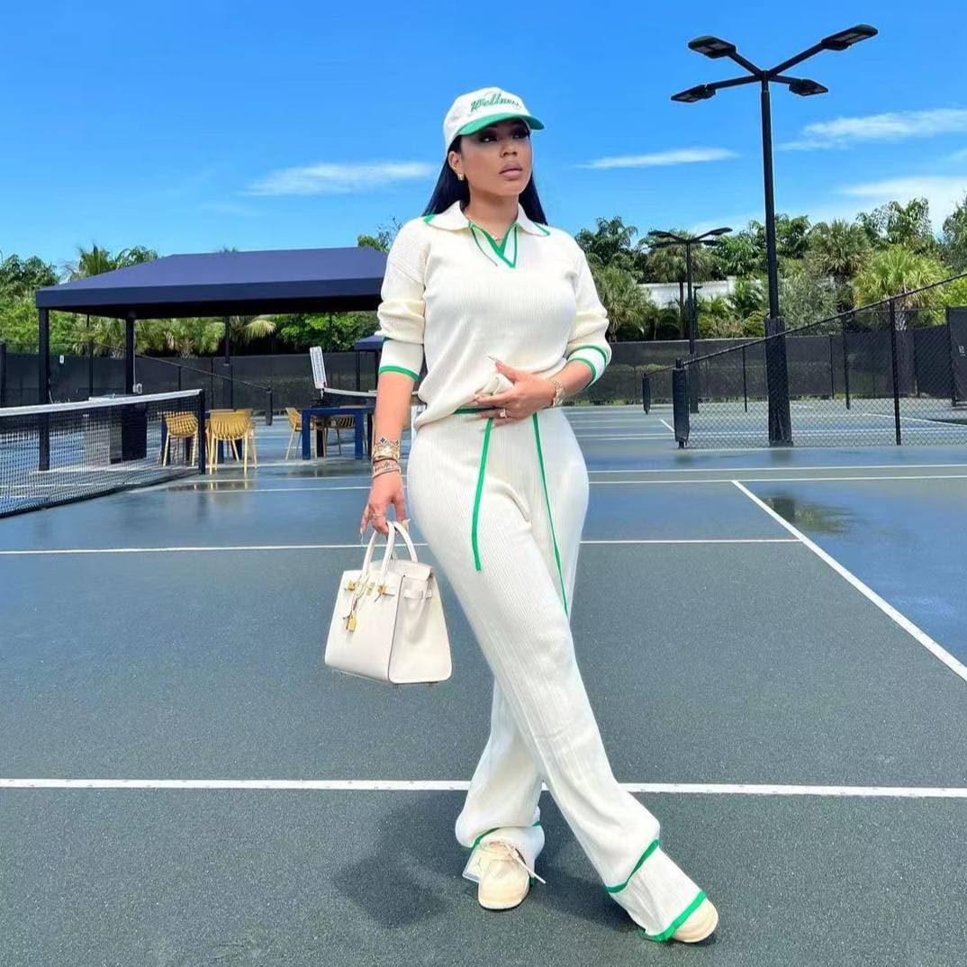 Women's Casual Knitted Wide-Leg Pants Suit Spring/Autumn Regular Fit Polyester Comfortable Two-Piece Set