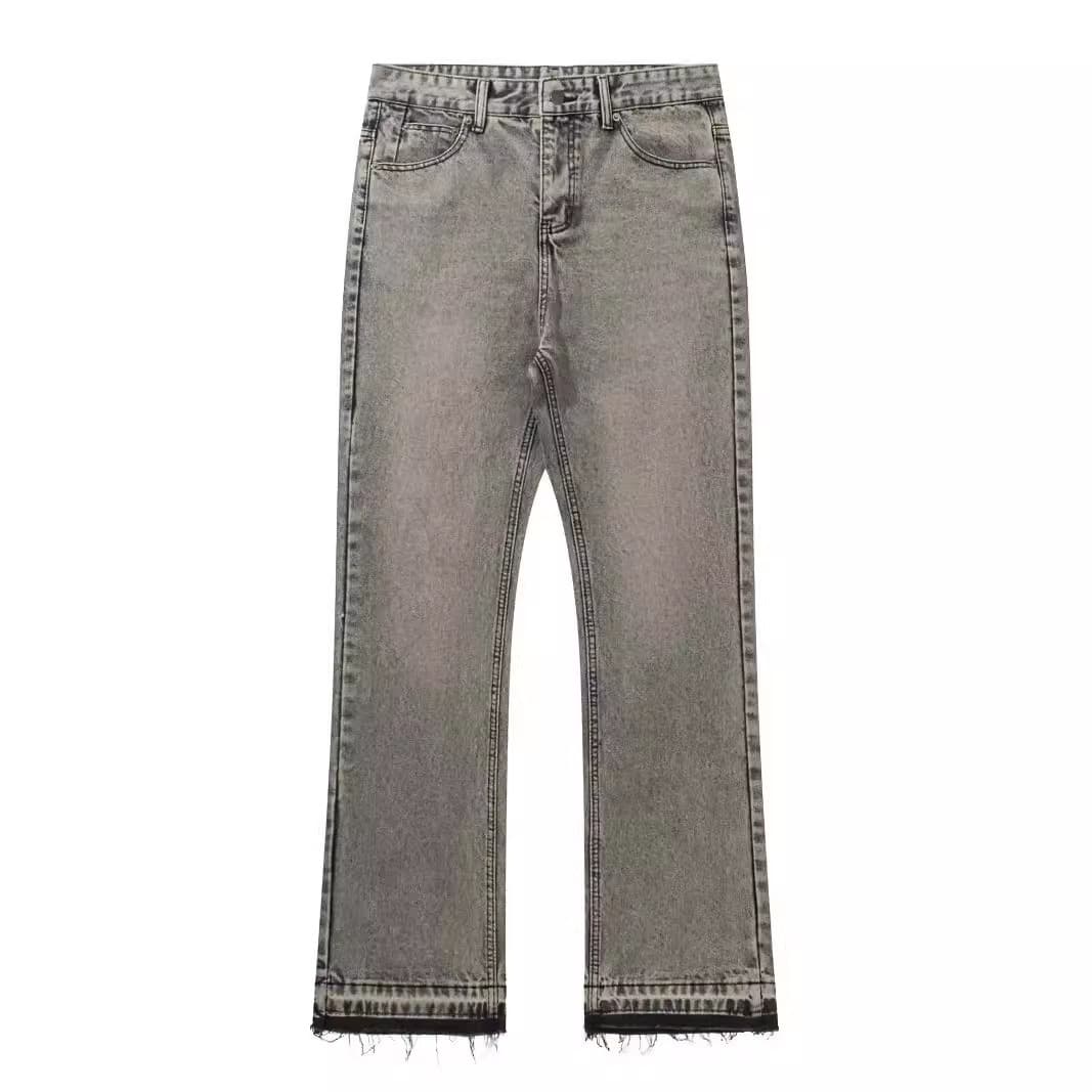 Cleanfit 507 Washed Grey Jeans – Slim Flare With Raw Hem Fringe, Retro Streetwear Vibe (S-XL, Acrylic Blend, Korean-Inspired Tailoring)