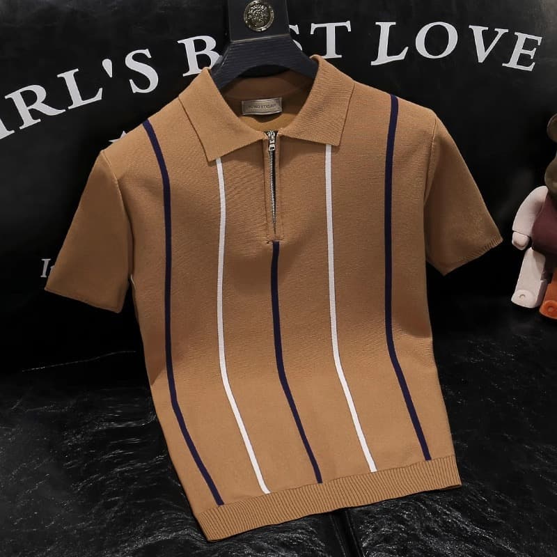Men's Clothing Summer fashion thin ice silk knitted short sleeved men's retro striped slim Polo shirt high end lapel T shirt