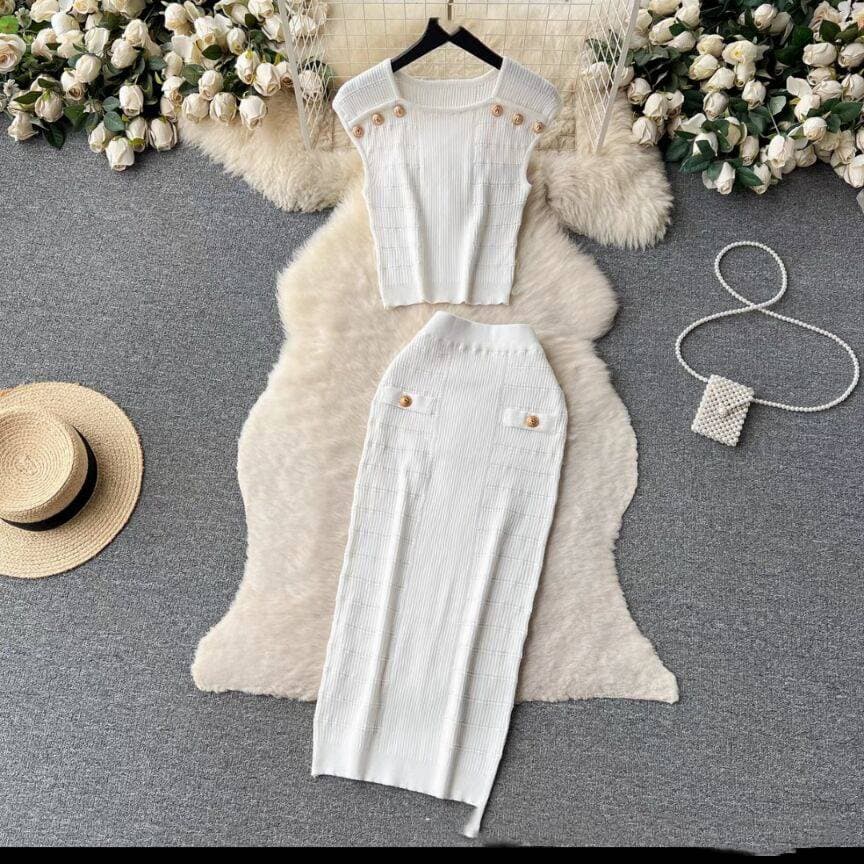 Women's Clothing sleeveless tops all match high waist skirt temperament lady style two piece suit
