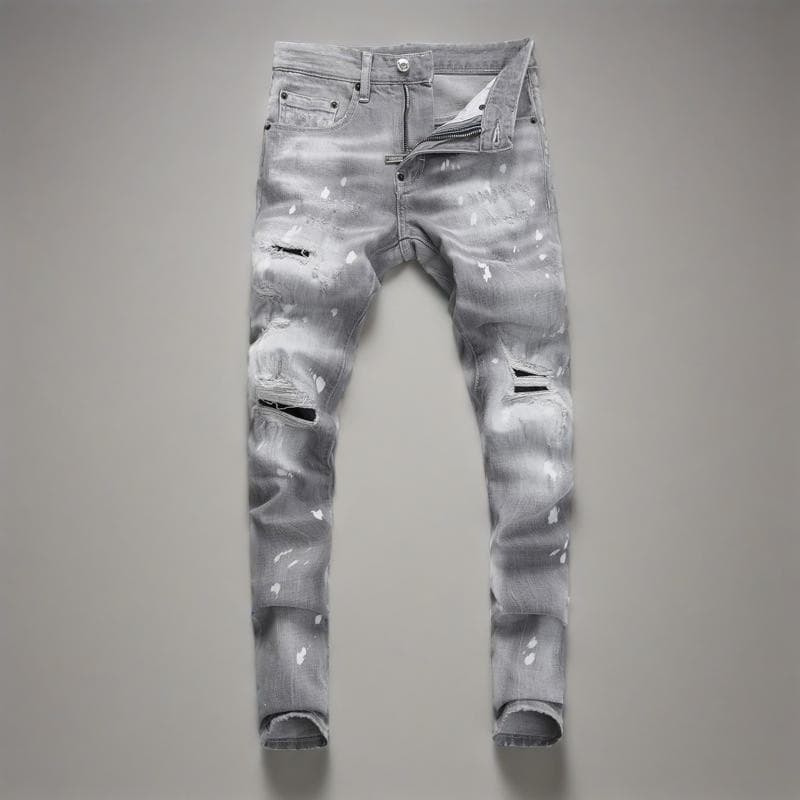 Men's Clothing Street Fashion Jeans Men's Light Gray Washed Hole Patch Paint Trendy Brand Elastic Tight Skinny Pants Men
