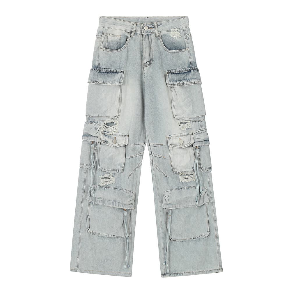 Functional multi-pocket cargo jeans for men, trendy punk washed holes, niche loose straight wide-leg trousers