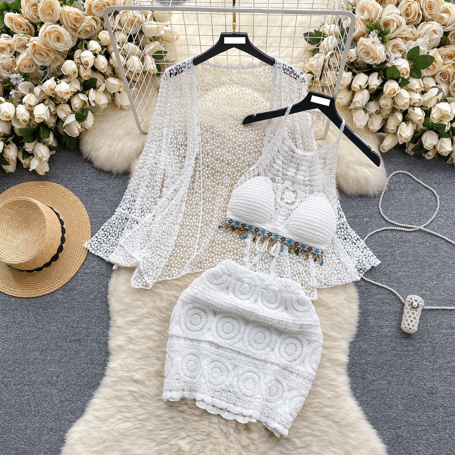 Women's 3-Piece Beach Outfit - Retro Crochet Halter Vest + Lace Cardigan + Skirt Set, Holiday Vacation Suit