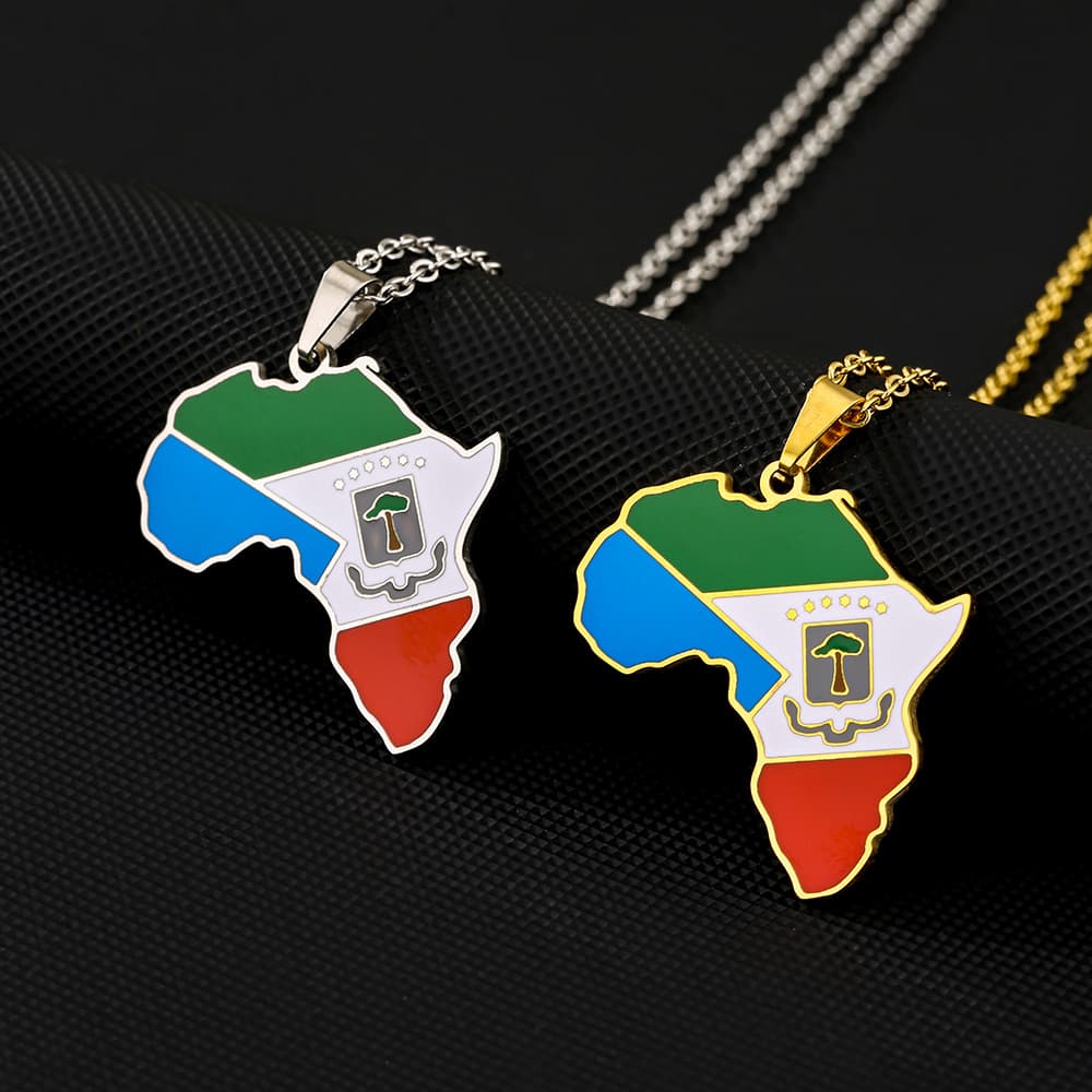 Collier avec pendentif carte de la Guinée équatoriale – Goutte d'huile en acier inoxydable pour homme et femme