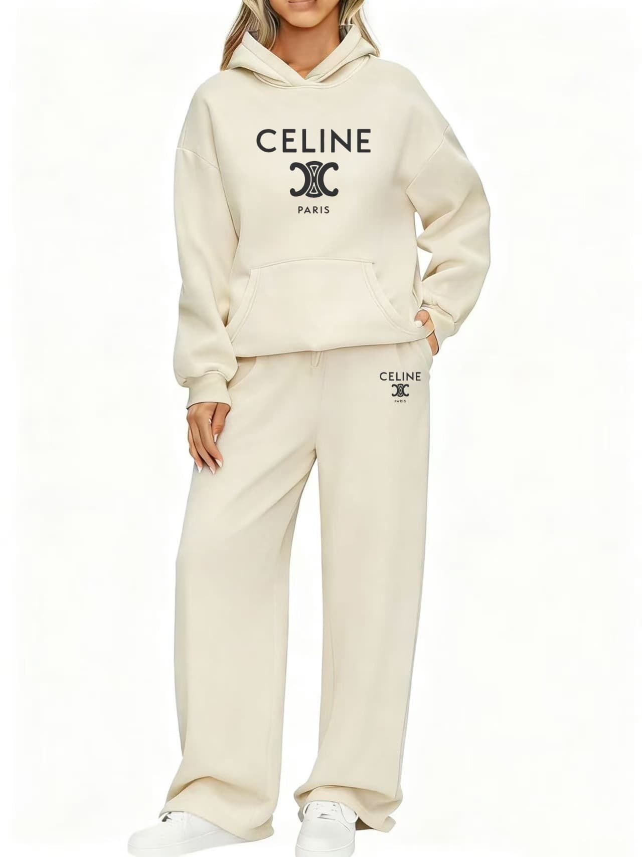 Ensemble de survêtement femme à capuche et pantalon de jogging, tenue décontractée, manches longues, style streetwear.