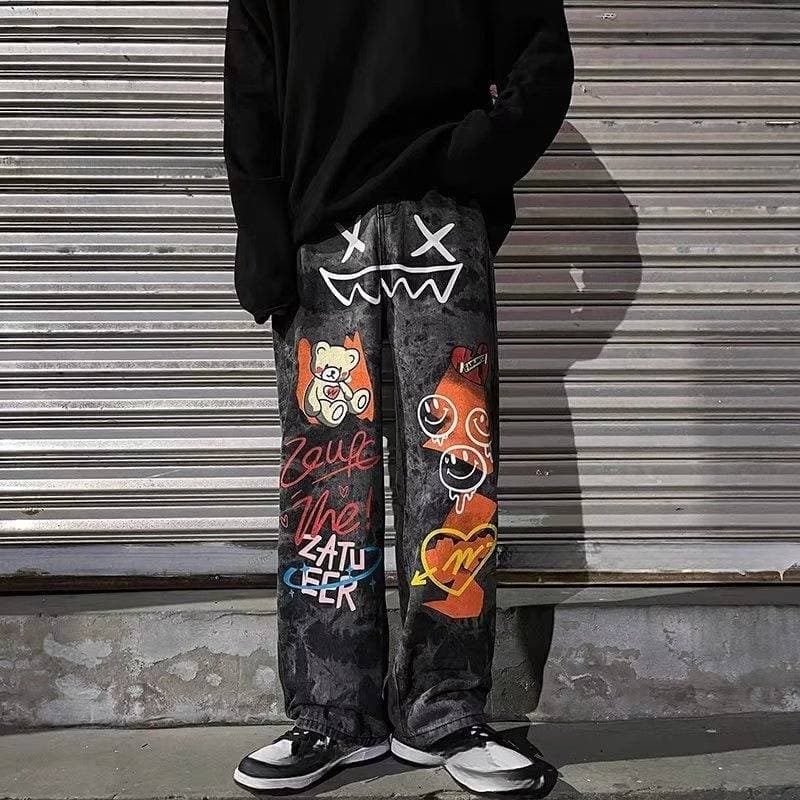 Men's Clothing Dark High Street Style Ins Graffiti Cartoon Print Daddy Jeans Men's Trendy Brand Hip Hop Loose Drape Trousers