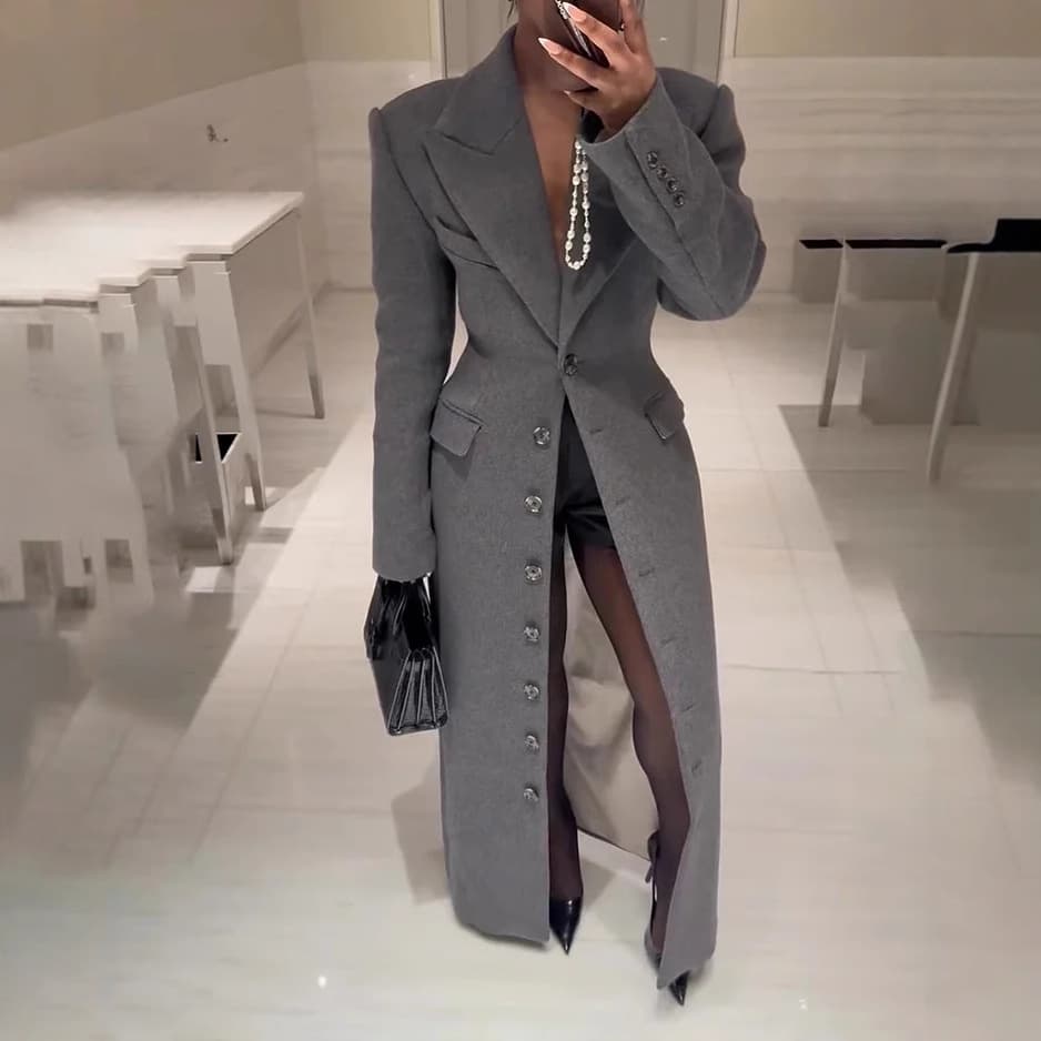 Elegant Single-Breasted Long Coat For Women – Gray Trench Coat With Notched Lapel, Polyester Blend, Slim Fit, Versatile For Work & Evening