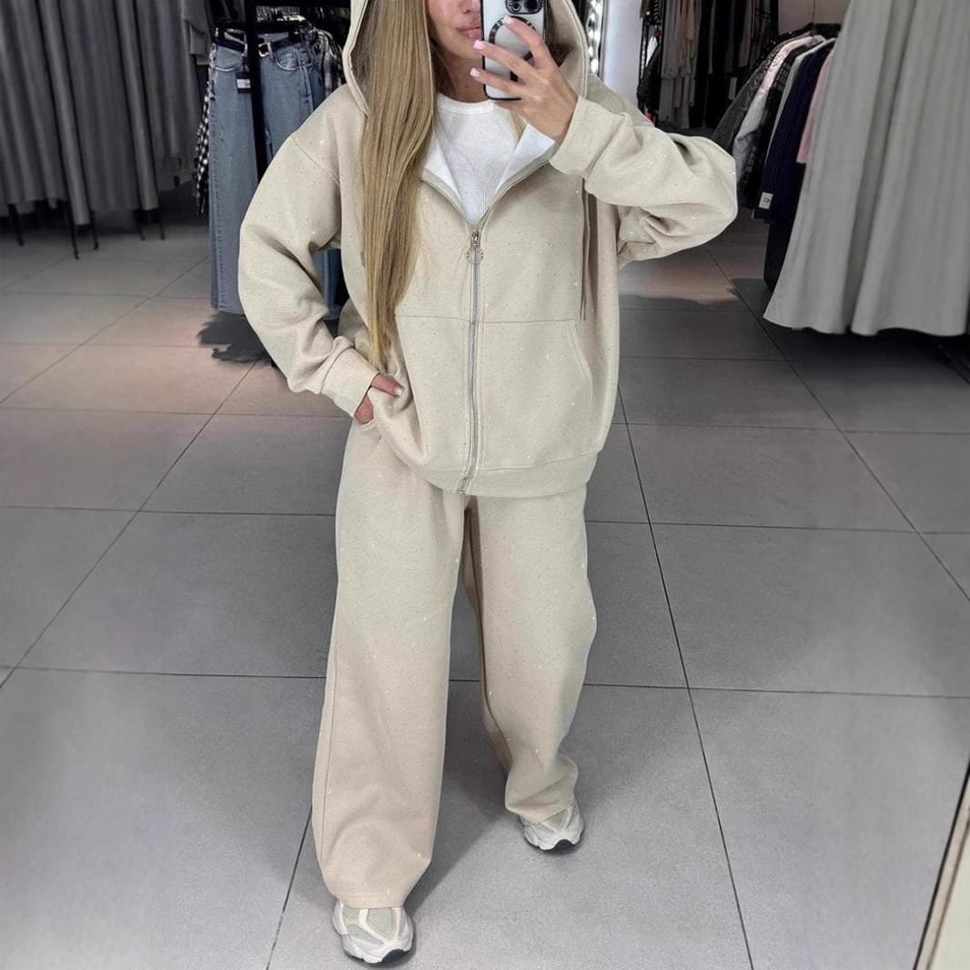Women's Clothing Sports Suits Autumn And Winter With Zipper Lazy Style Casual Hooded Sweatshirt With Diamond Wide Leg Pants Two Piece Suit