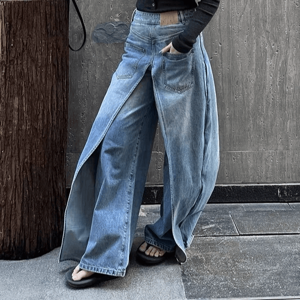 Women's Clothing New Retro Washed Slimming Reversible Deconstructed Denim Banana Pants Two Piece Denim Wide Leg Pants For Women