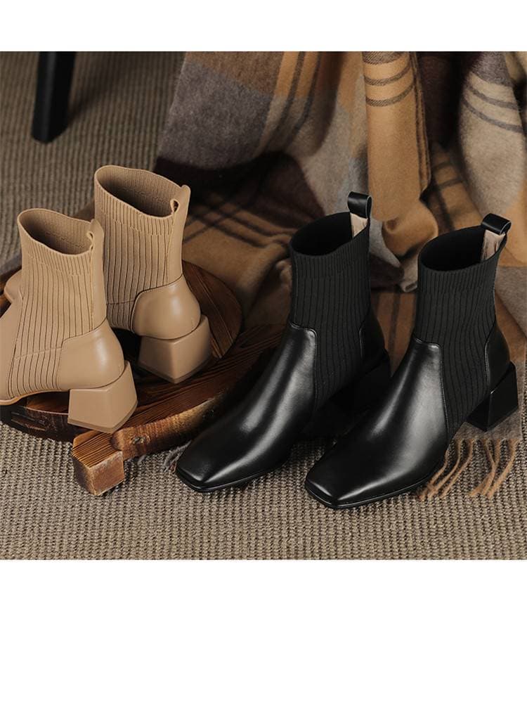 Women's Autumn And Winter --1 Thick Mid-heel Square-toed Ankle Boots, Women's Knitted