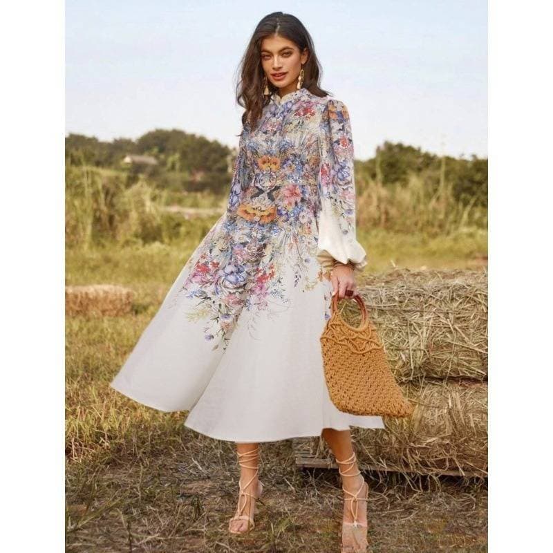 Women's Clothing A Large Number Of Design Early Autumn New Single Breasted Exquisite Buttons With Belt Printed Pastoral Dress