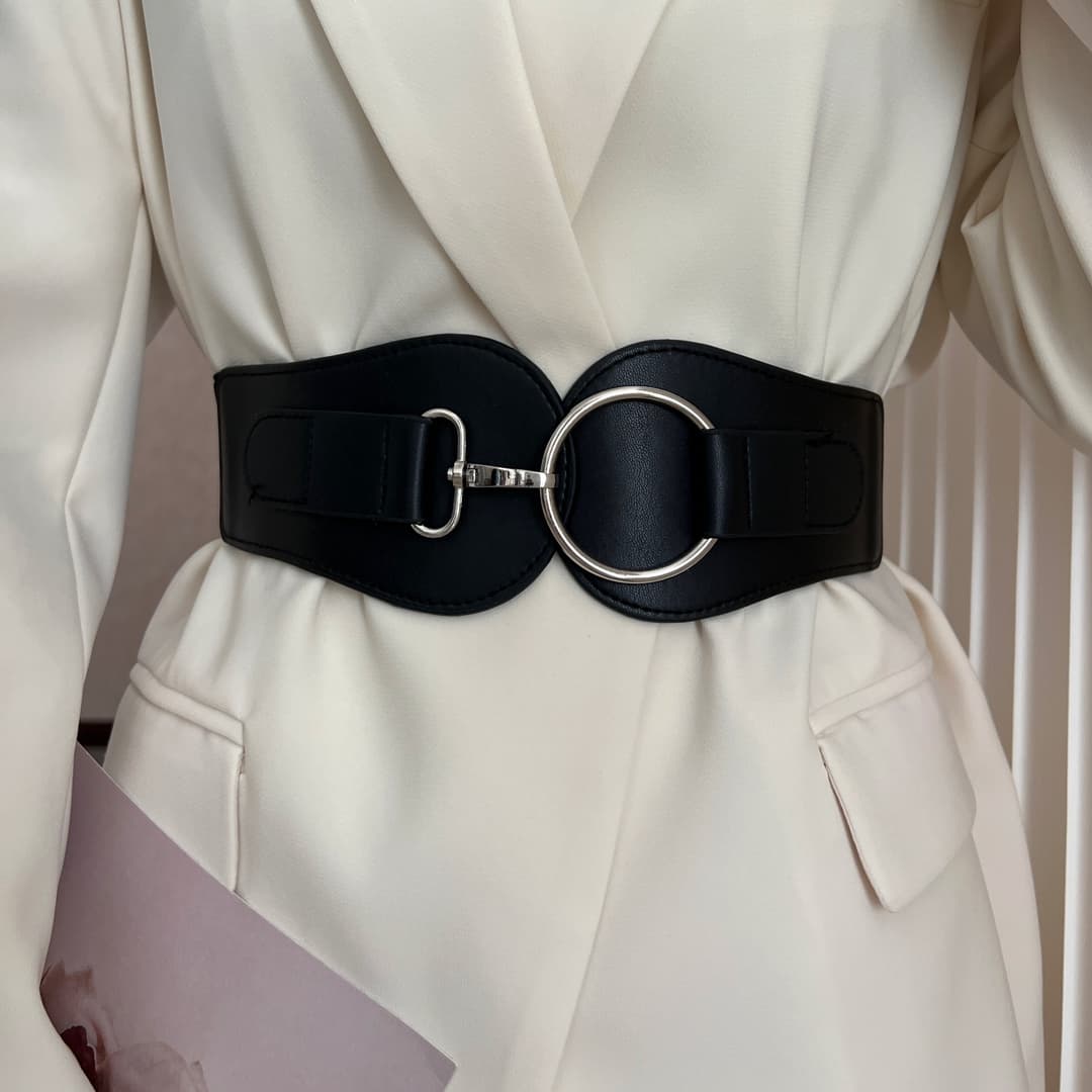 Unisex Ladies elastic waist wide elastic decorative dress black belt female Joker fashion.